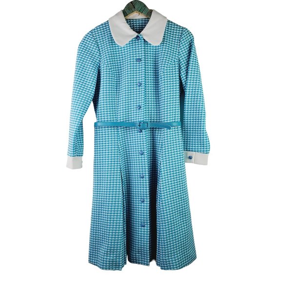 VTG 60s Jean-Ann's ILGWU Cyan Blue Career Houndstooth Print Shirt Dress, 14, NWT - Picture 1 of 9